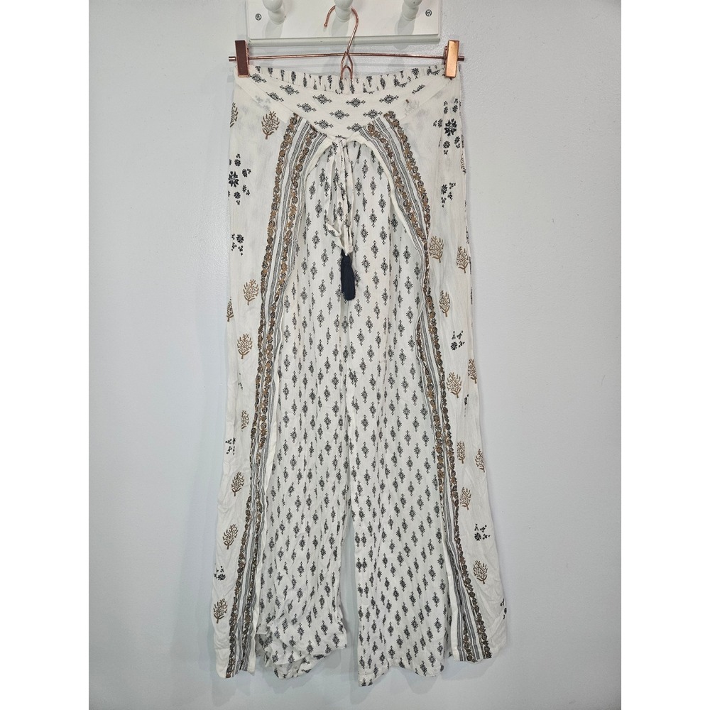 Earthbound Trading Co Faux Wrap Wide Leg Pants White Geometric Print Small NEW